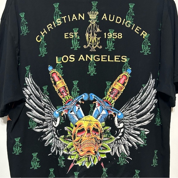Christian Audigier Los Angeles Spiderweb Skulls Swords Wings Jeweled T Shirt - Picture 7 of 12